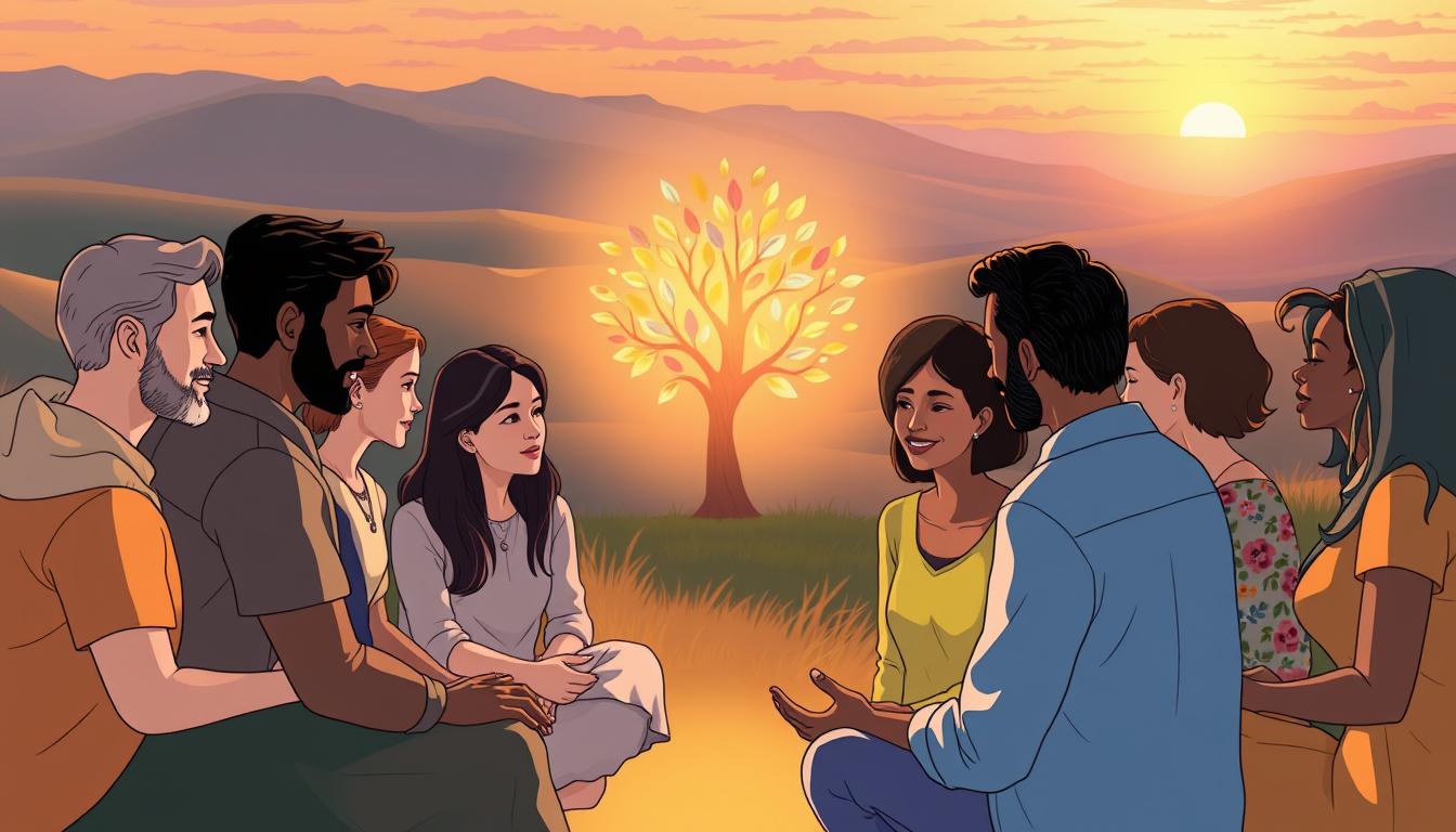 A warm, light-filled scene of people reconnecting through gentle creative play, evoking emotional healing.